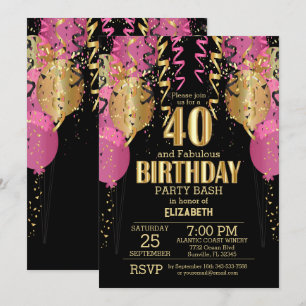 40th Birthday - Pink Balloons  Invitation