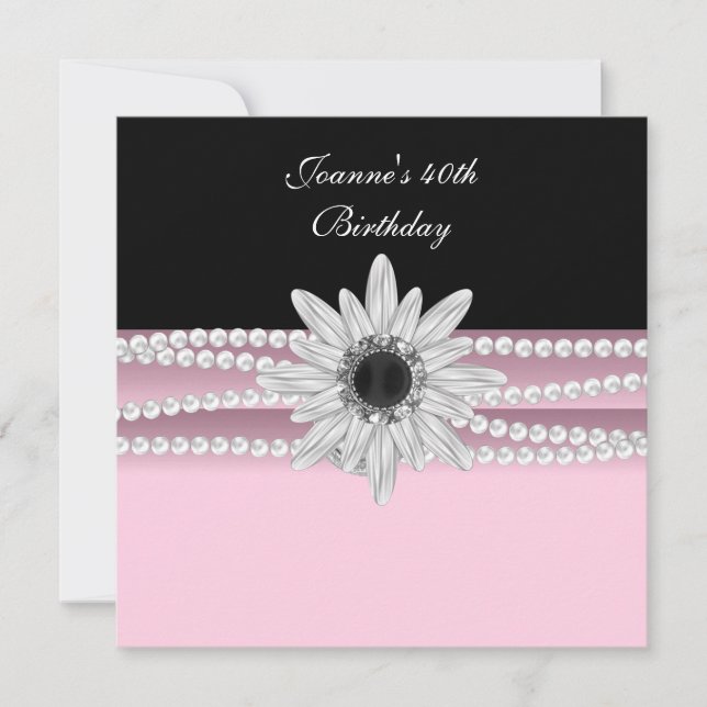 40th Birthday Pink Black White Pearl Flower Invitation (Front)