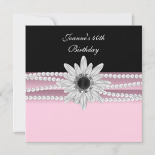 40th Birthday Pink Black White Pearl Flower Invitation
