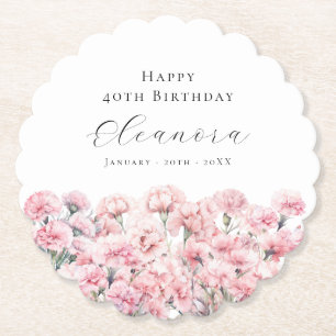40th Birthday Pink Carnation January Birth Flower Paper Coaster