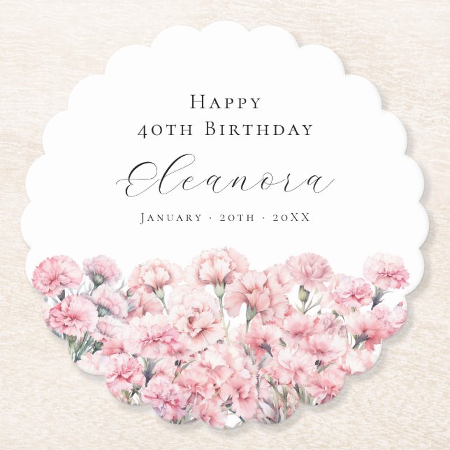 40th Birthday Pink Carnation January Birth Flower Paper Coaster (Front)