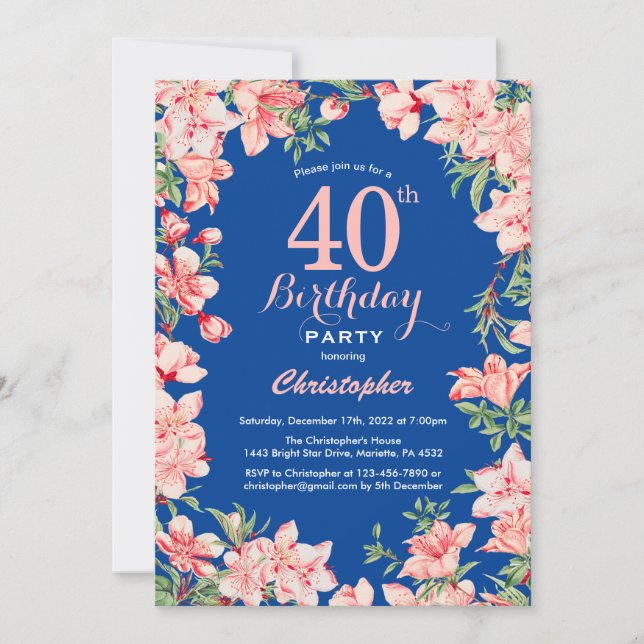 40th Birthday Pink Floral Flowers Blue Invitation (Front)