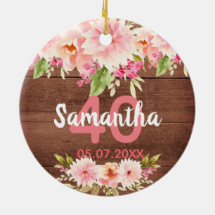 40th birthday pink floral rustic brown wood name ceramic tree decoration