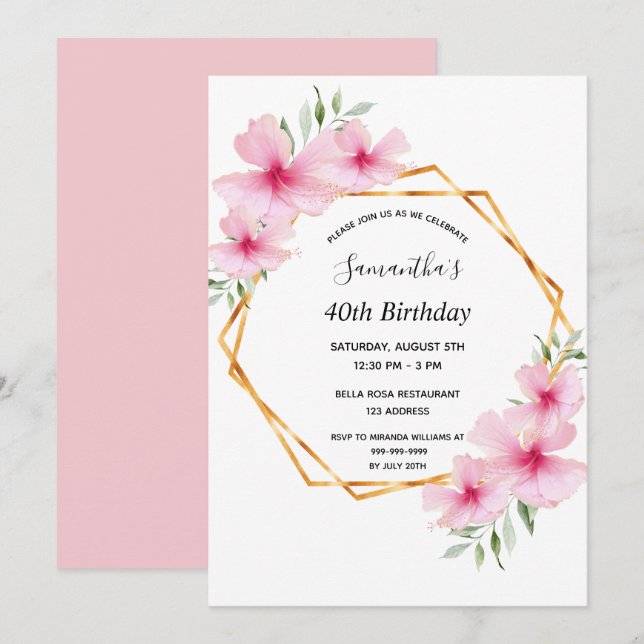 40th birthday pink florals gold geometric invitation (Front/Back)