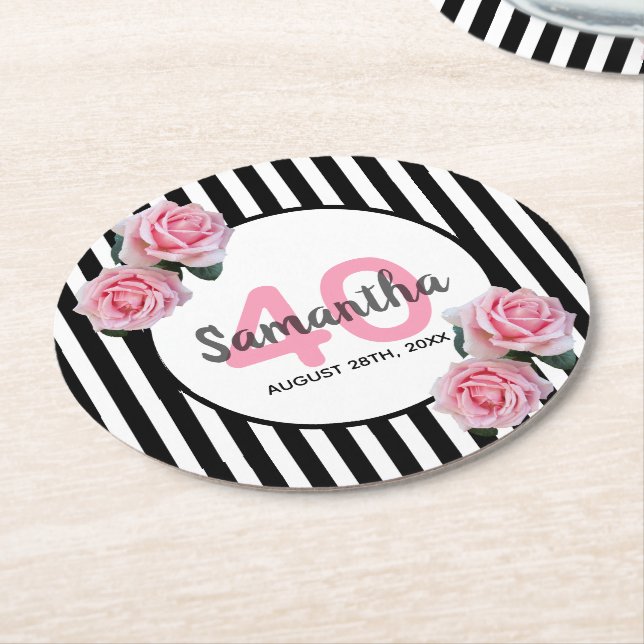 40th birthday pink flowers black stripes round paper coaster (Angled)