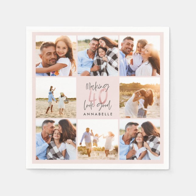 40th birthday pink girly glitter photo collage  napkin (Front)