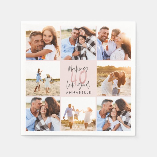 40th birthday pink girly glitter photo collage napkin (Front)