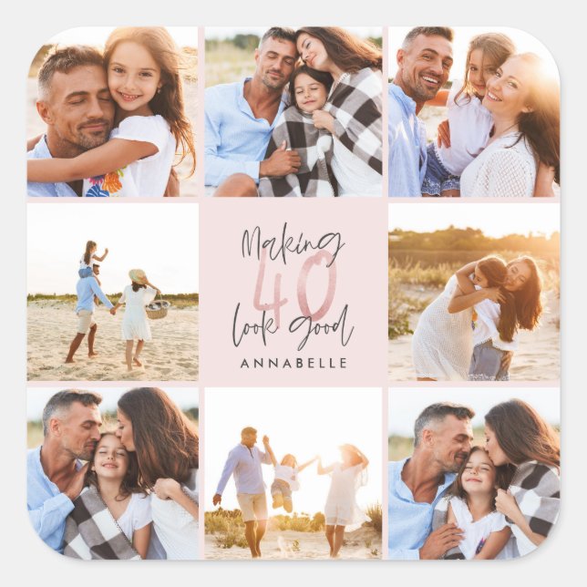 40th birthday pink girly glitter photo collage square sticker (Front)