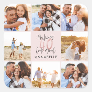40th birthday pink girly glitter photo collage square sticker