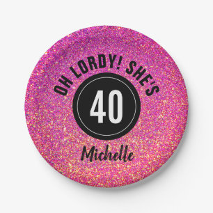 40th Birthday Pink Glitter Sparkle Personalised Paper Plate
