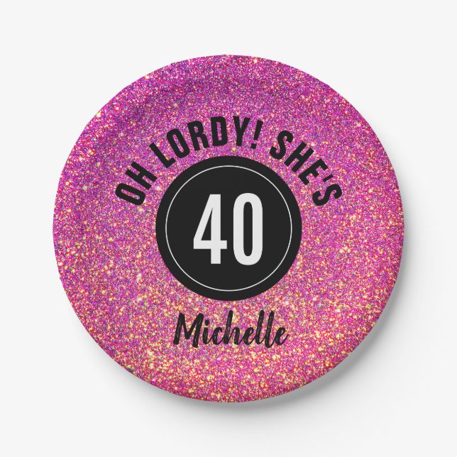 40th Birthday Pink Glitter Sparkle Personalised Paper Plate (Front)