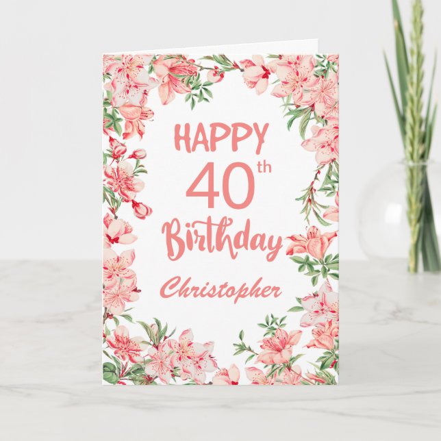 40th Birthday Pink Peach Peonies Watercolor Floral Card (Front)