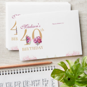 40th Birthday Pink Peonies Gold Glitter Envelope