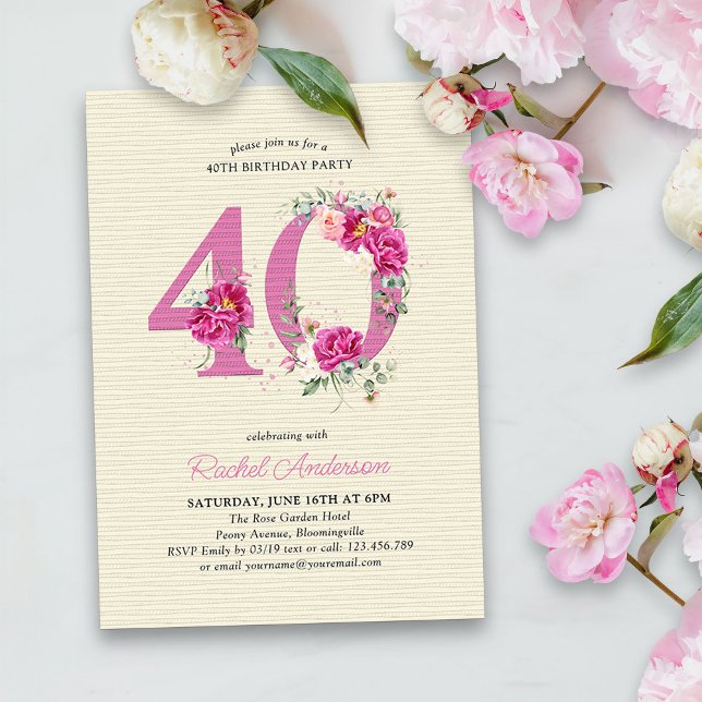 40th Birthday Pink Peony Floral Number 40 Invitation (40th Birthday Invitation with pink floral number 40 - elegant vintage design with roses and peonies)