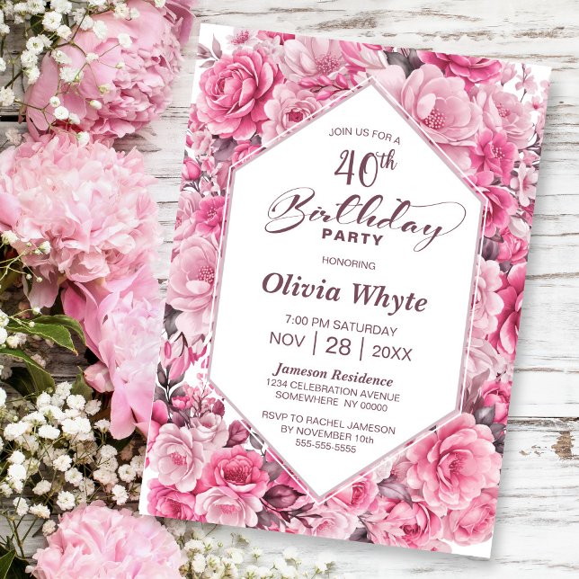40th Birthday Pink Rose Floral Party Invitation (Creator Uploaded)