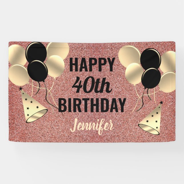 40th Birthday Pink Rose Gold Glitter Personalised Banner (Horizontal)