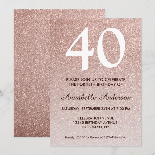 40th Birthday Pink Rose Gold Glitter Sparkle Ombre Invitation (Front/Back)