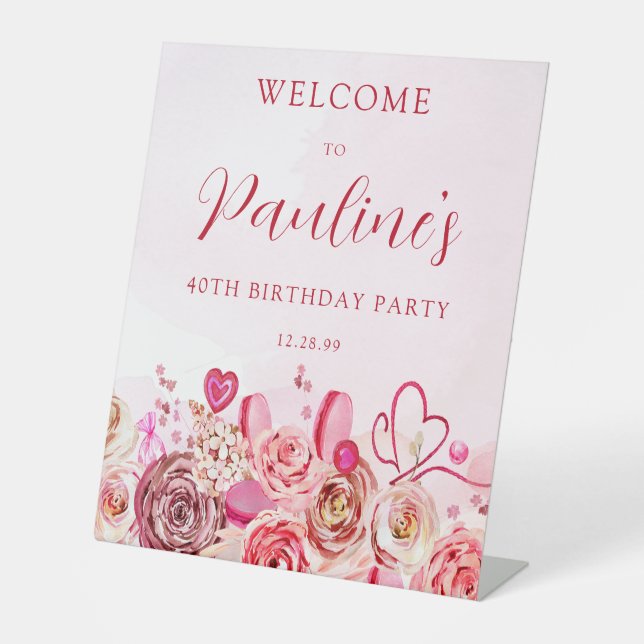 40th Birthday Pink Rose Swirly Heart Welcome Pedestal Sign (Front)