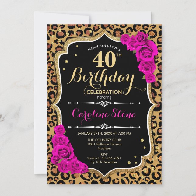 40th Birthday - Pink Roses Leopard Print Invitation (Front)