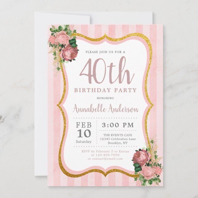 40th Birthday Pink Stripe Floral Gold Glitter Chic Invitation (Front)