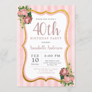 40th Birthday Pink Stripe Floral Gold Glitter Chic Invitation