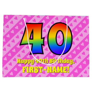 40th Birthday: Pink Stripes & Hearts, Rainbow # 40 Large Gift Bag