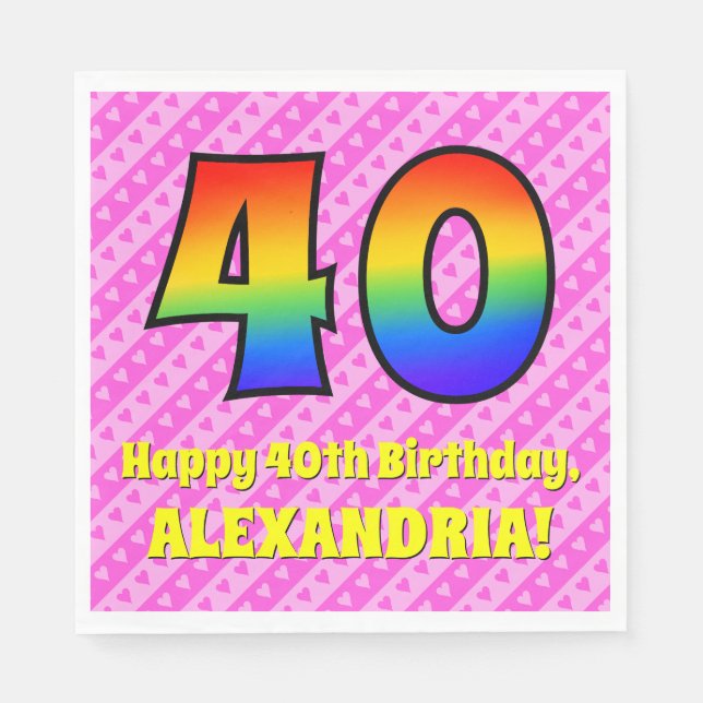 40th Birthday: Pink Stripes & Hearts, Rainbow # 40 Napkin (Front)