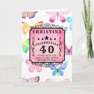 40th Birthday Pink Watercolor Butterfly Greeting Card