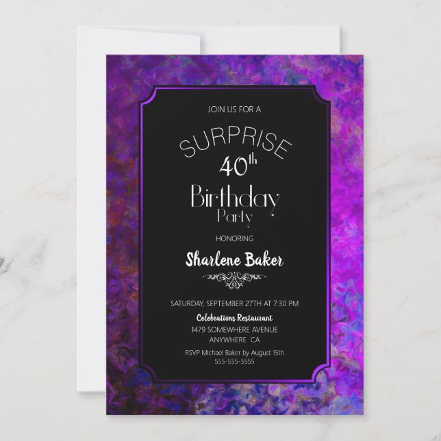 40th Birthday Purple and Black Surprise Party Invitation (Front)