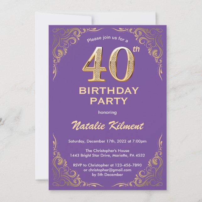 40th Birthday Purple and Gold Glitter Frame Invitation (Front)