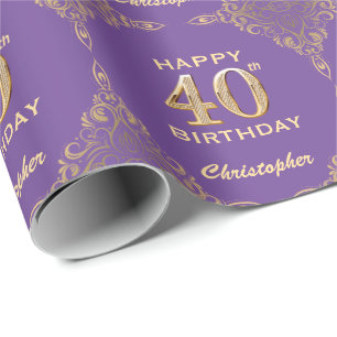 40th Birthday Purple and Gold Glitter Frame Wrapping Paper