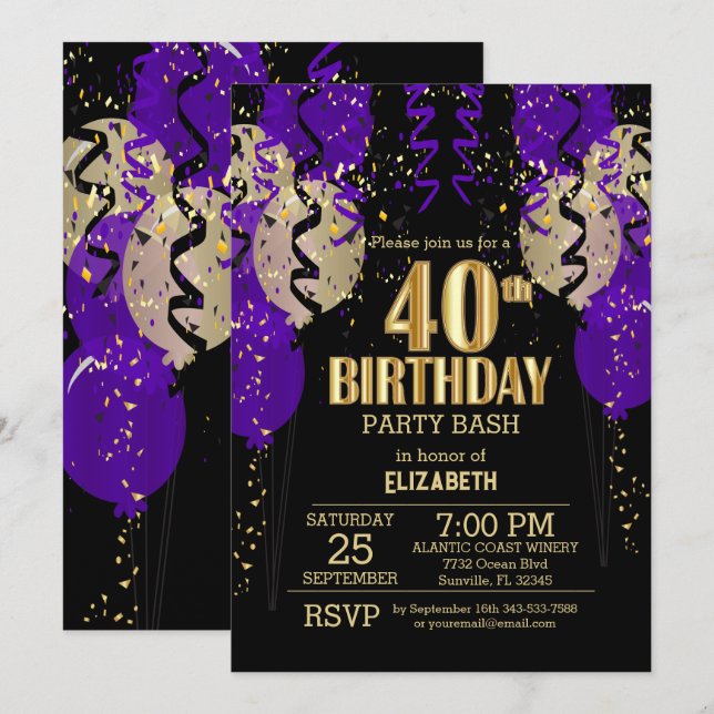 40th Birthday - Purple Balloons  Invitation (Front/Back)