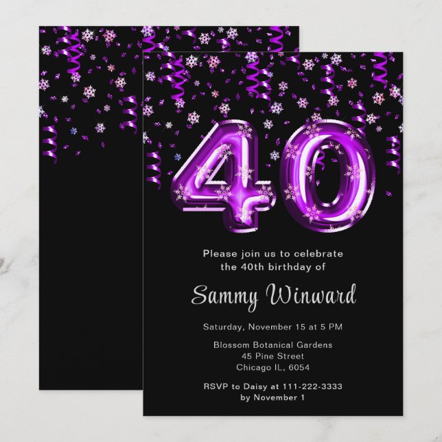 40th Birthday Purple Balloons Snowflake Confetti Invitation (Front/Back)