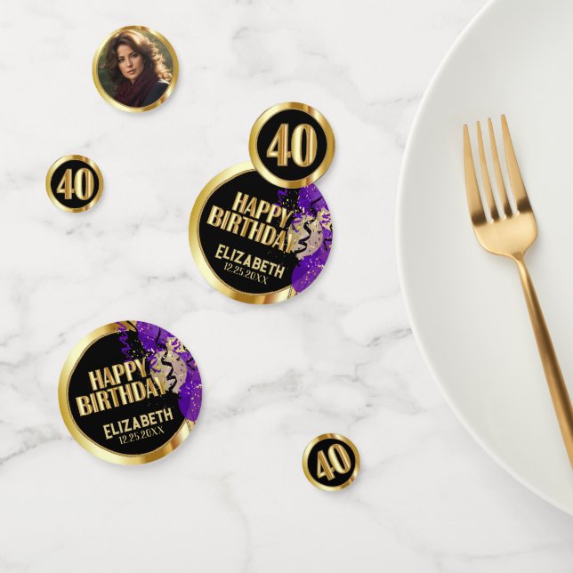 40th Birthday - Purple, Black and Gold - Photo Confetti (Group)