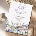 40th Birthday Purple Floral Botanical  Invitation<br><div class="desc">40th birthday party invitation with purple floral wildflower. Easy to change the text. Pretty watercolor botanical.</div>