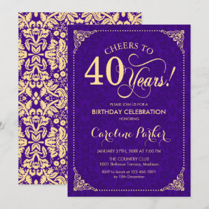 40th Birthday - Purple Gold Damask Invitation