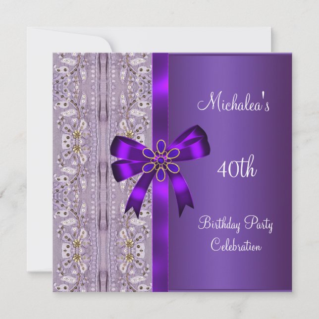40th Birthday Purple Gold Floral Jewel Bow Invitation (Front)