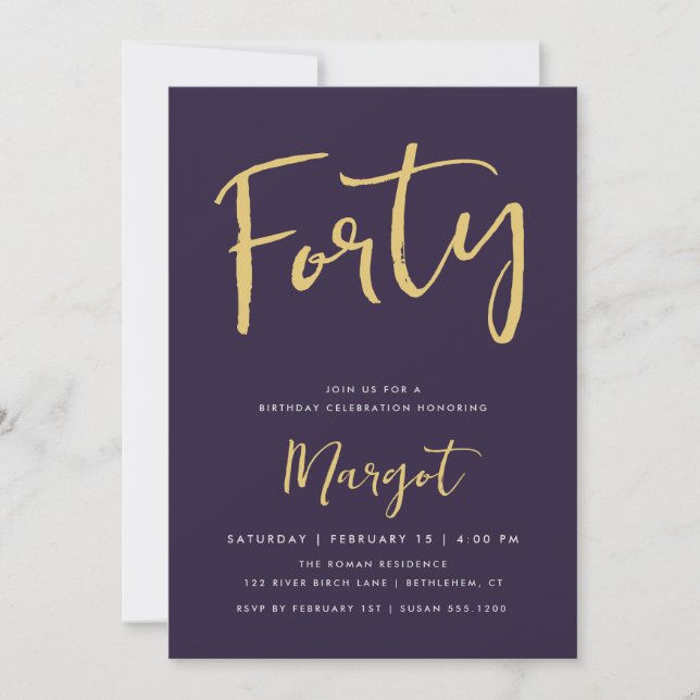 40th Birthday Purple Gold Forty Milestone Invitation (Front)
