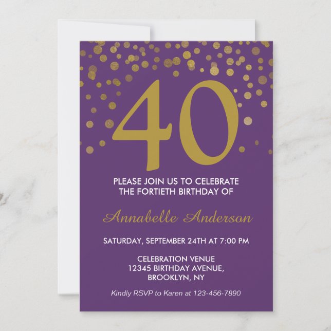 40th Birthday Purple Gold Modern Confetti Dots Invitation (Front)