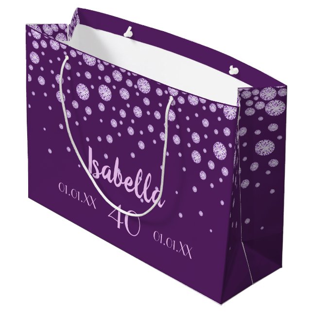 40th birthday purple pink name diamonds large gift bag (Back Angled)