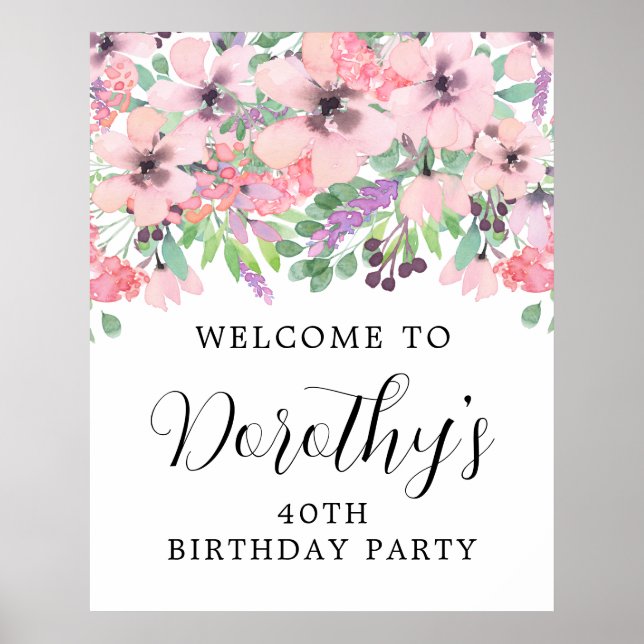 40th Birthday Purple Pink Wildflower Welcome Sign (Front)
