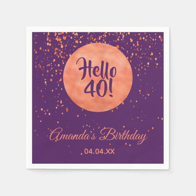 40th birthday purple rose gold confetti hello 40 napkin (Front)