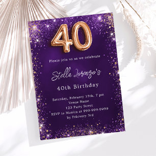 40th Birthday purple rose gold sparkles Invitation