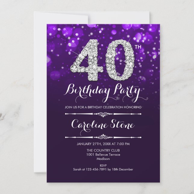 40th Birthday - Purple Silver Invitation (Front)