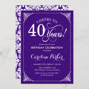 40th Birthday - Purple White Damask Invitation