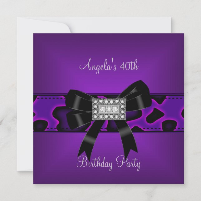 40th Birthday Purple Wild Black Bow Diamonds Invitation (Front)