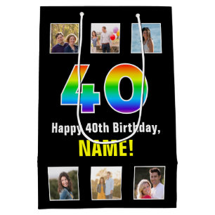 40th Birthday: Rainbow “40“, Custom Photos & Name Medium Gift Bag