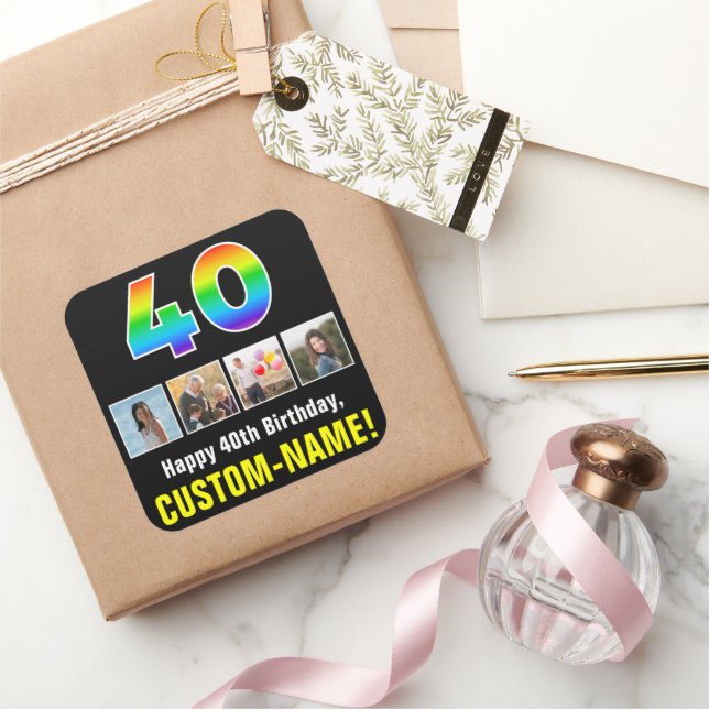 40th Birthday: Rainbow “40”; Custom Photos & Name Square Sticker (Gifting)
