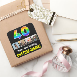 40th Birthday: Rainbow “40”; Custom Photos & Name Square Sticker