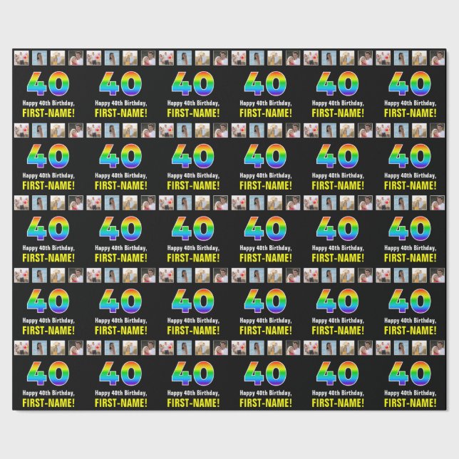 40th Birthday: Rainbow “40“; Custom Photos & Name Wrapping Paper (Seam)